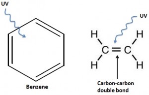 Benzene (left) and carbon-carbon double bond (right) absorb UV radiation